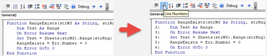 vba display line numbers